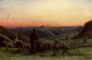 牧羊人和他的羊在夕阳下
