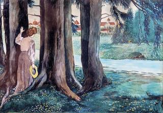 Woman Leaning against Tree Trunks overlooking a Monastery Complex