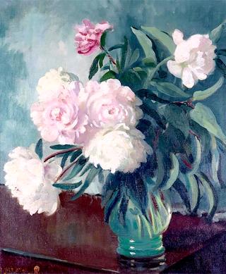 Still Life of Peonies in a Green Vase