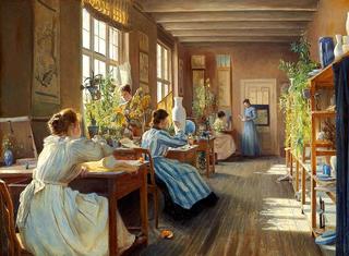 Women decorating porcelain
