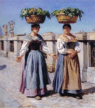 Italian Women carrying Baskets of Vegetables on their Heads in Ponte d'Angelo