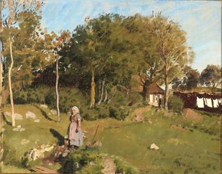 Landscape with a peasant girl in the garden, in the background clothesline with laundry