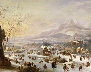 Big Wintry Riverside at a Town in front of Mountains