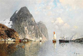 Summer day in a Norwegian fjord with ships.