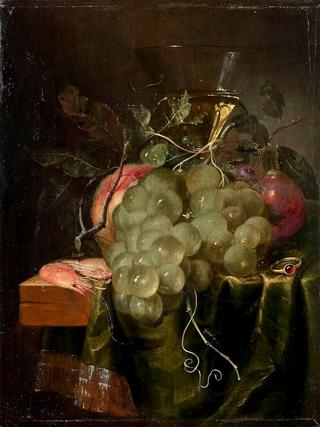 Bunch of Grapes, Plums and Glass on a Table