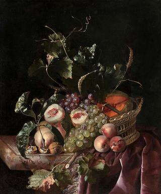 Peaches, Grapes, Walnuts and Melon on a Table