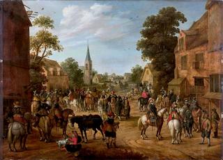 A Halt of Cavalrymen in front of a Village,