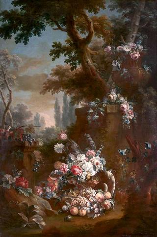 Vases of Flowers and Fruit in a Garden