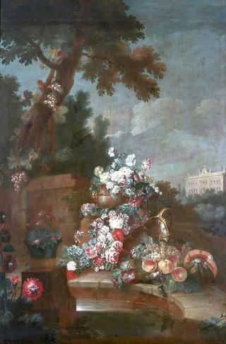 Vases of Flowers and Fruit in a Garden