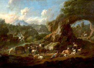 Shepherd and His Flock in an Italian Landscape