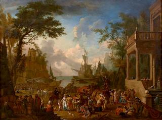 Mediterranean Port Scene with Numerous Figures