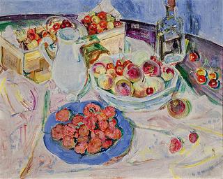 Still life with cherries, peaches, strawberries, a jug and a bottle