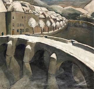 View of the Bouillon Bridge under the snow.