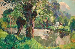 Cows on bank of pond