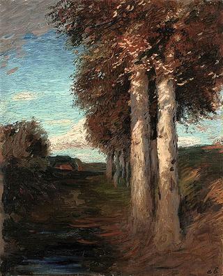 Fall landscape with birches and farmhouse