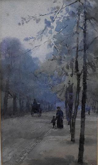 Mother and child walking in a park