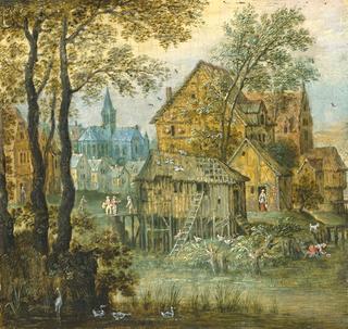 A wooded landscape with a village by a river, a church beyond