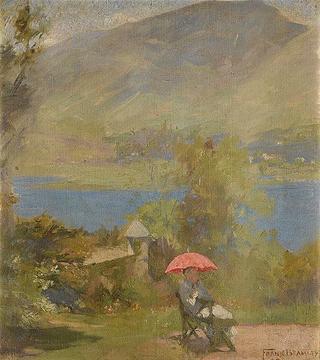 figure sitting beneath a red parasol on the banks of Grasmere Lake