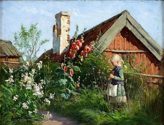 Girl in garden with hollyhocks and poppy