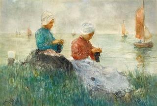 Two Breton girls knitting.