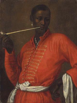 Portrait of a moor smoking a churchwarden pipe