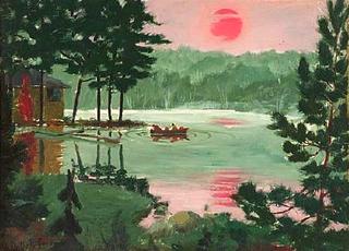 Lake Scene with a Boat and Cottage