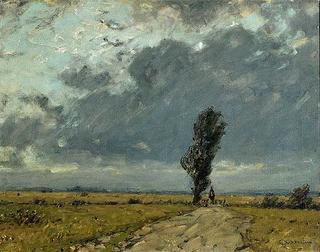 Wide, barren landscape with thunderstorm