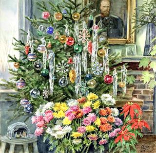 Christmas Interior with a portrait of Alexander III