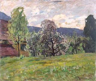 Landscape with blooming tree