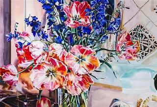 Blue, Blue Delphiniums and Pink Orange Tulips