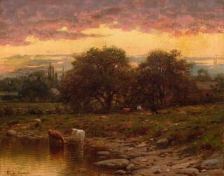 Cows Grazing along a Stream