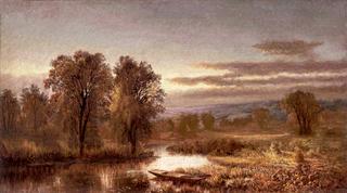 Autumn River with Punt in the Reeds