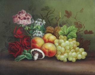 Still life of grapes with vines, peaches, a mushroom, red roses and other flowers