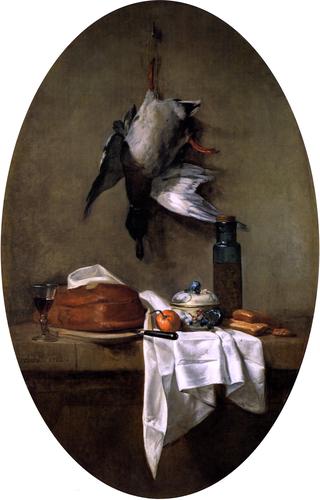 Duck Hanging by one Leg, Pâté, Bowl and Jar of Olives