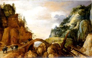 A Mountainous Landscape with Horsemen and Travellers Crossing a Bridge