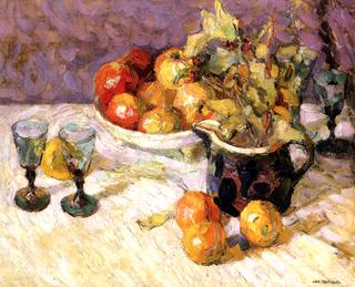 Still Life with Apples and Oranges on a Table