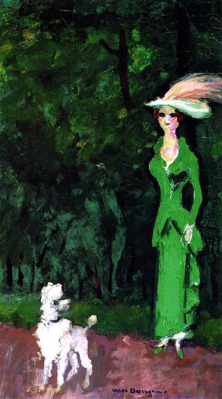 Stylish Woman in Green with Egret Feather and Poodle