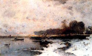 A Winter River Landscape At Sunset