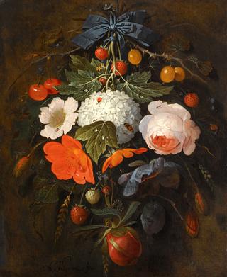 A festoon of flowers and fruit, including a pink rose, a poppy, a snowball