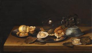 Still life with a Roemer on its Side, Two Pewter Plates, an Oyster and a Bread Roll