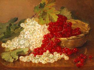 Still life red and white currants with a wicker basket