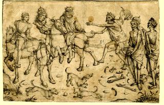 Three living and three dead kings, to the left are three kings on horseback