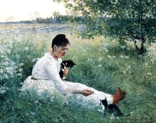 Girl with cats in a summer landscape