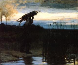 Man Carrying Sticks at Dusk