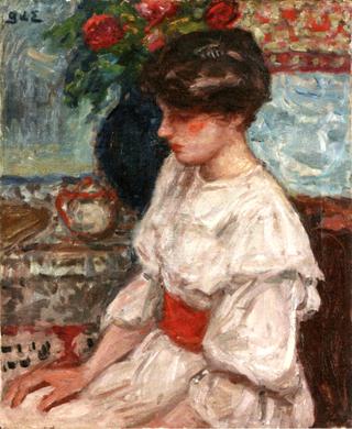 Portrait of a Young Woman in a White Dress with a Red Belt