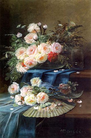 Flowers, Fan and a Glass on a Draped Table