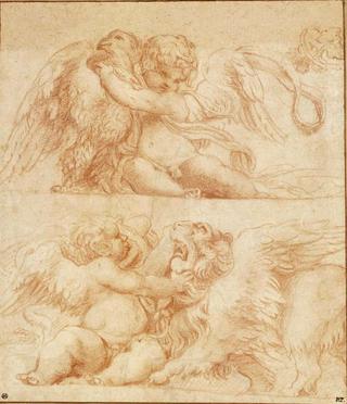 Two Studies of Children Holding an Eagle and a Lion