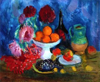 Compotier with Oranges, Bottle, Green Pitcher, Plate of Black Grapes