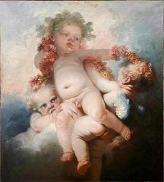 Three Putti Crowned with Flowers amongst Clouds