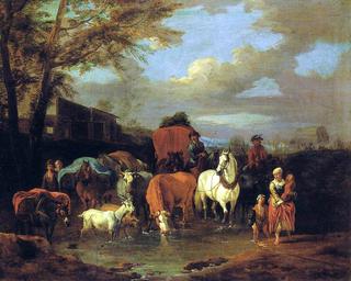 Drovers with Cattle and Goats Fording a Stream